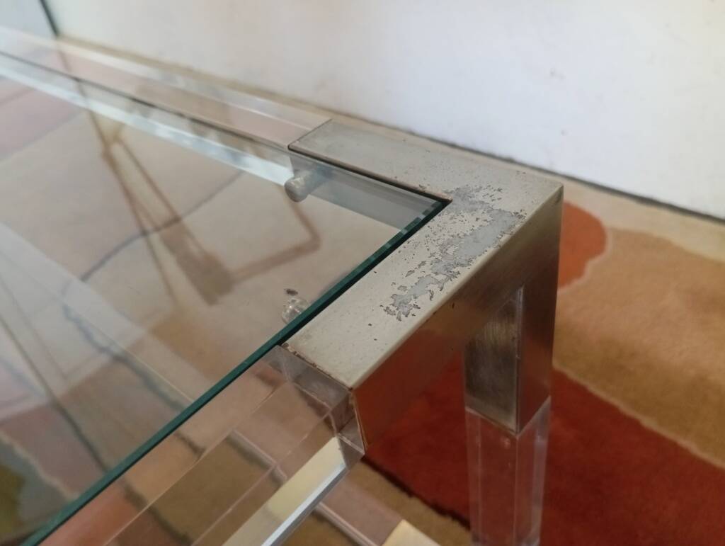 80s Lucite, Glass and Metal Coffee Table
