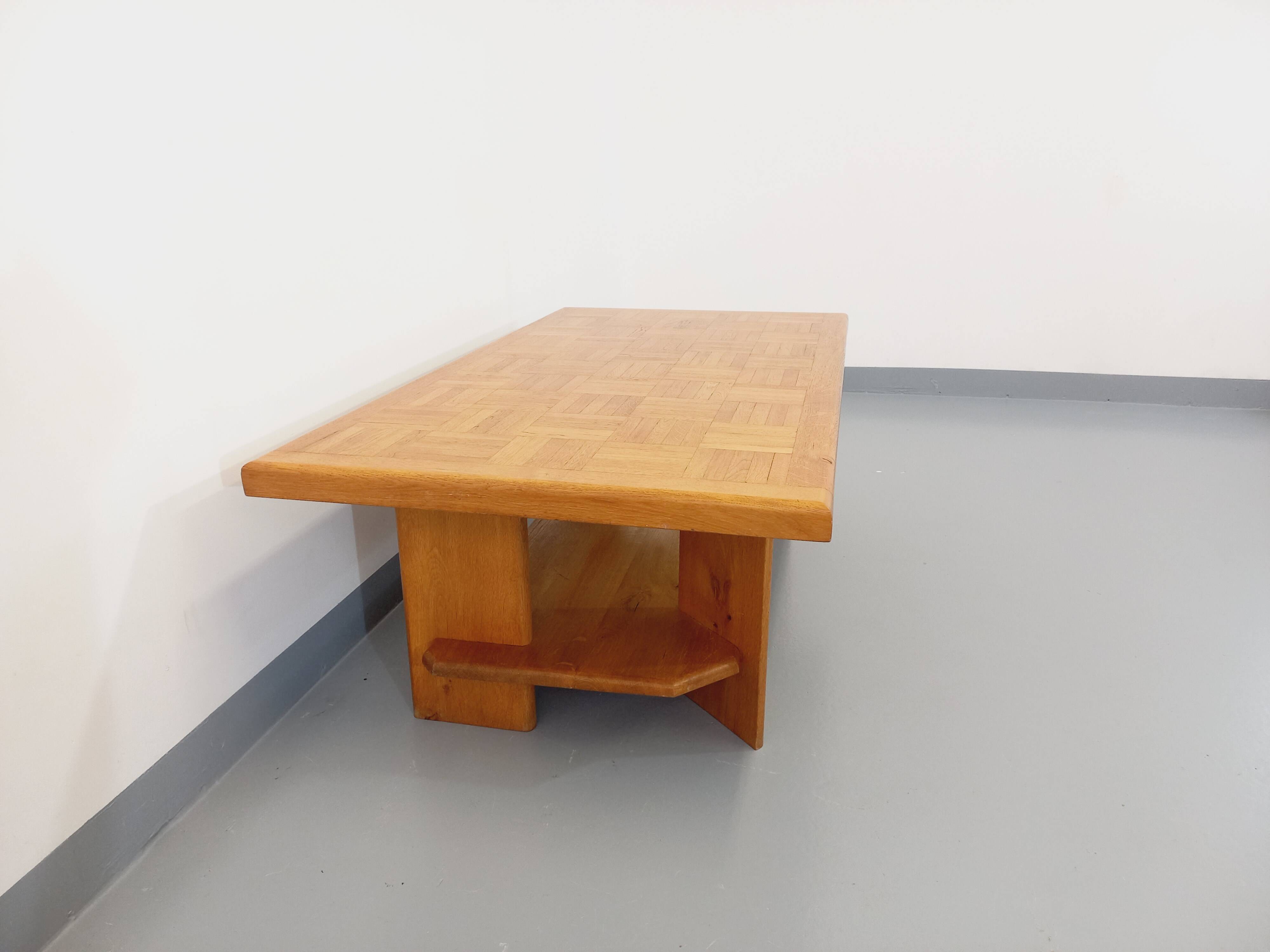 Vintage solid oak coffee table from the 70s 80s Perriand Regain Chapo style