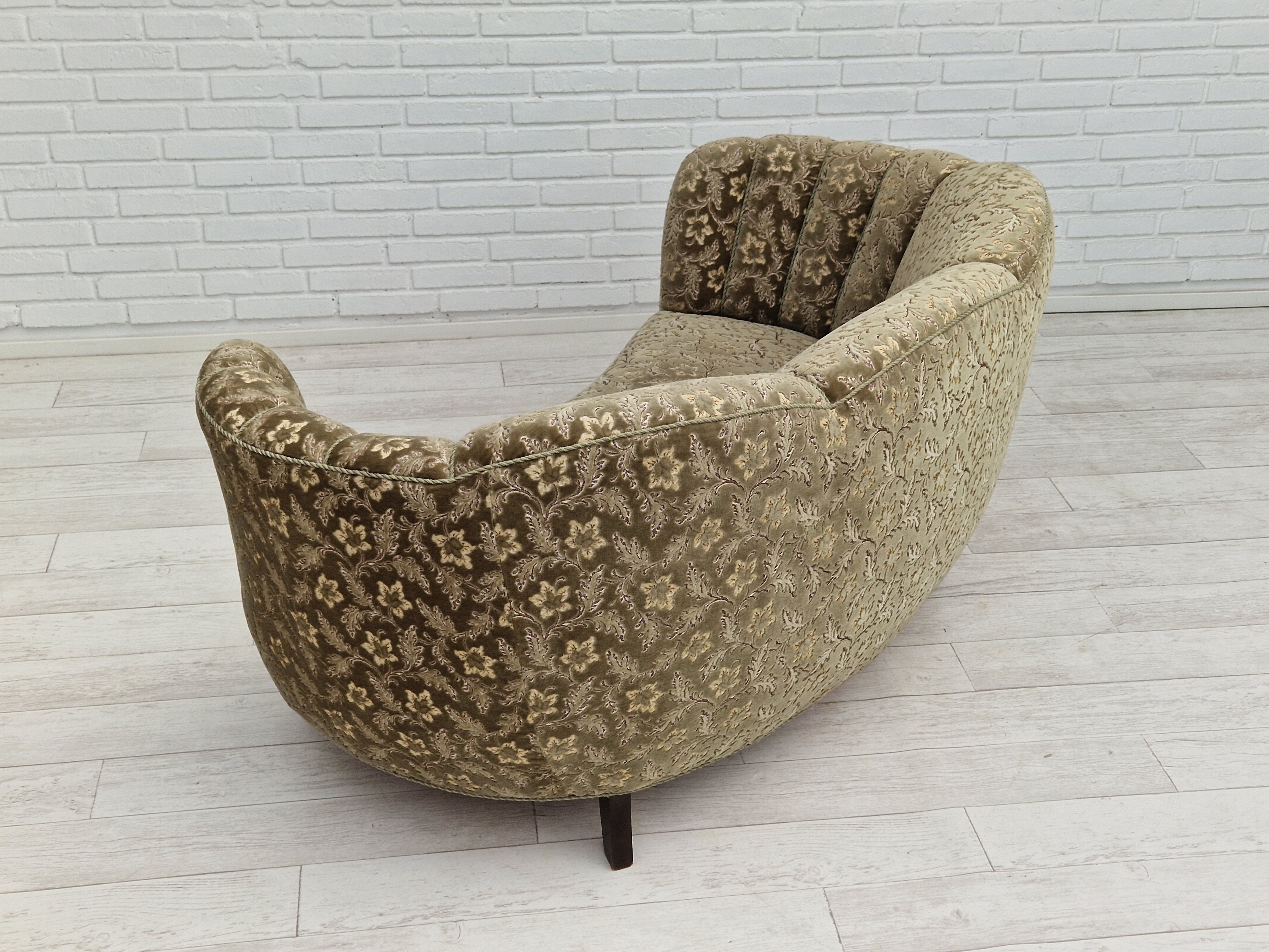 60s, danish vintage 2 seater "banana" sofa, green velour, original condition.