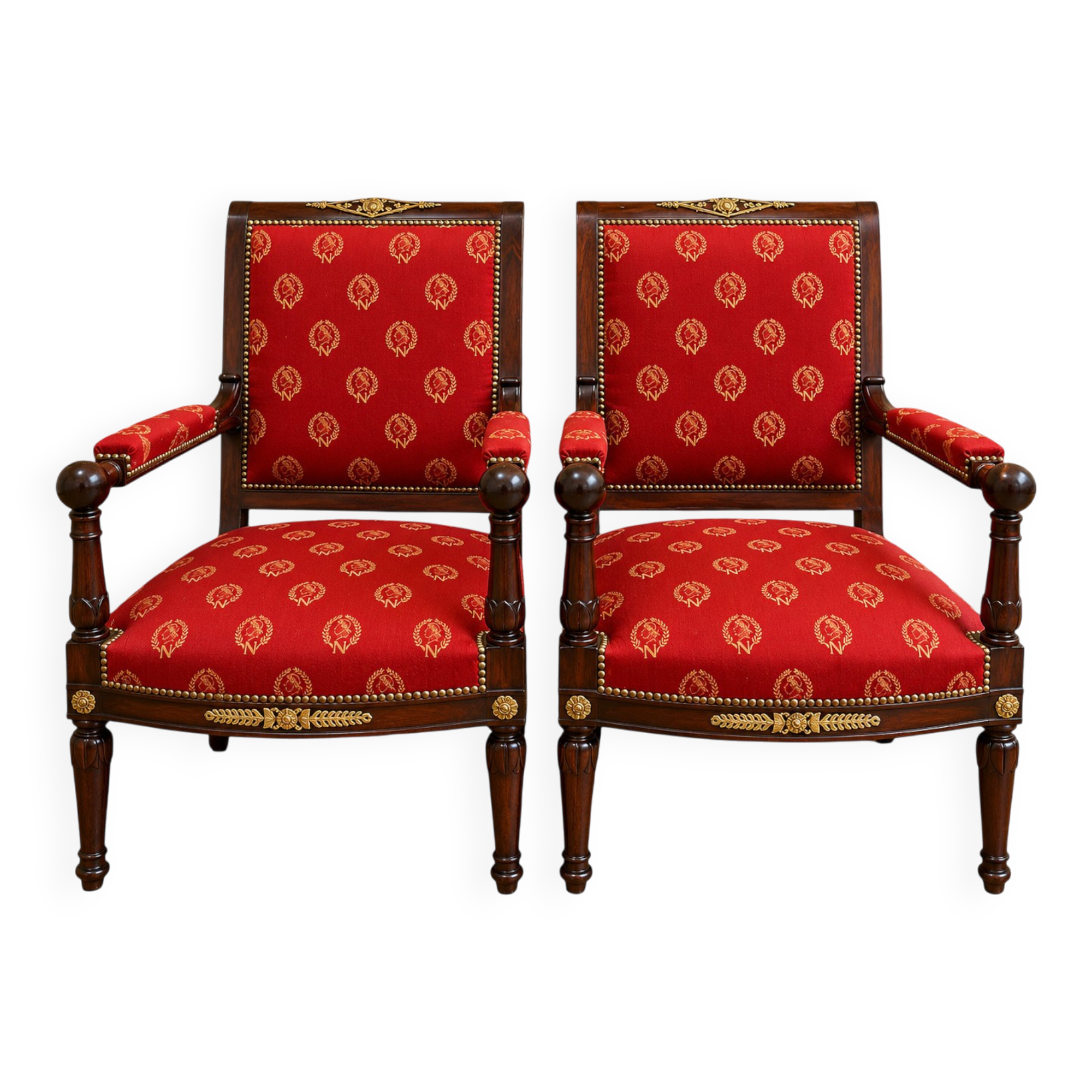 Pair of Empire period armchairs in mahogany with Napoleonic emblems - 19th century