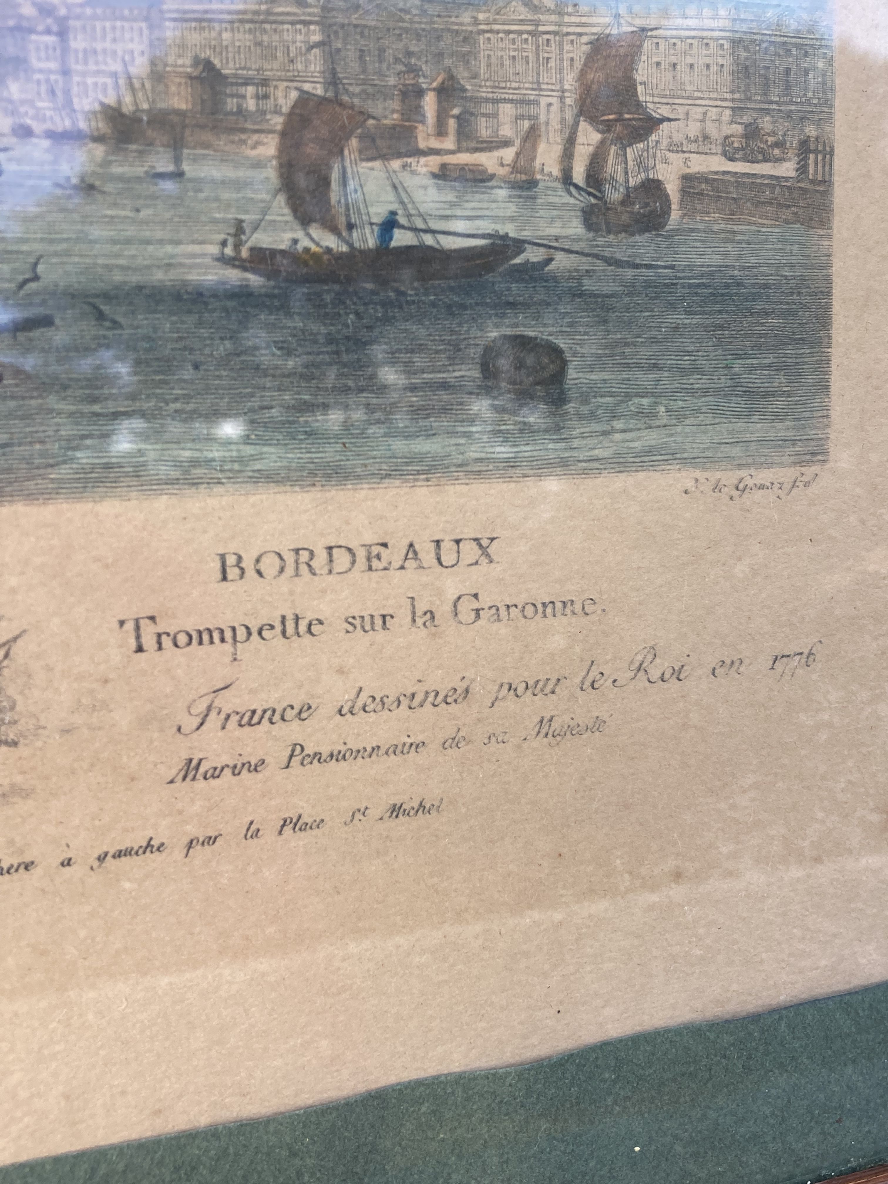 Framed antique engraving of the port of Bordeaux