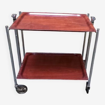 Rolling table, servery, 2 tops in mahogany and aluminum laminate, Textable brand, 50s/60s