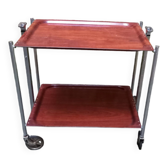 Rolling table, servery, 2 tops in mahogany and aluminum laminate, Textable brand, 50s/60s