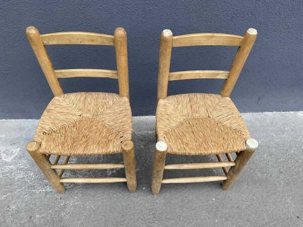 Lot de 2 chaises en bois brut et paille années 50