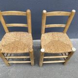 Set of 2 chairs in raw wood and straw from the 50s