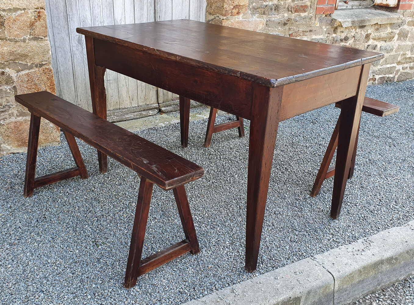 Small farm table and its two benches, vintage