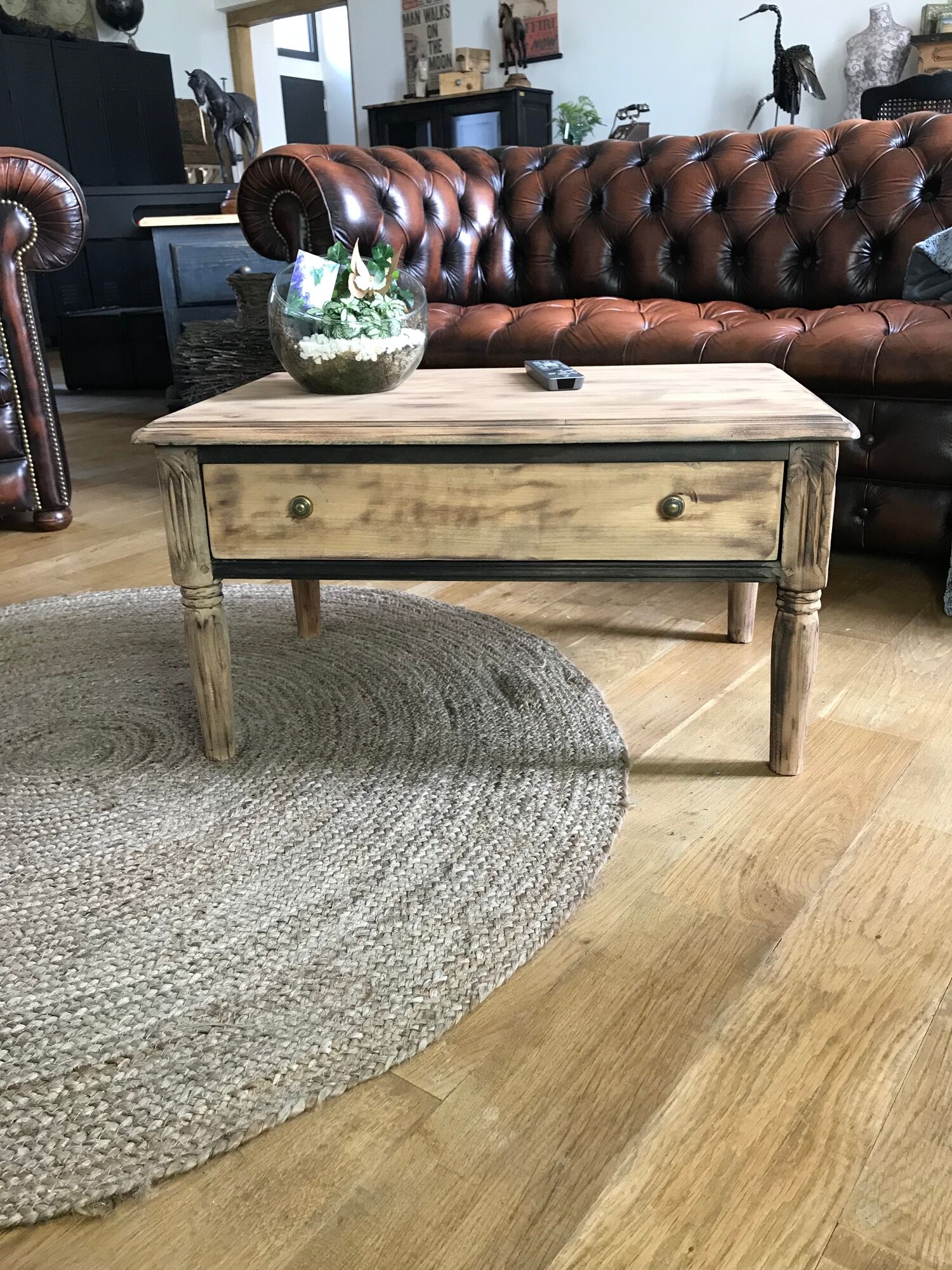 Old coffee table drawer countryside farmhouse wood carved vintage
