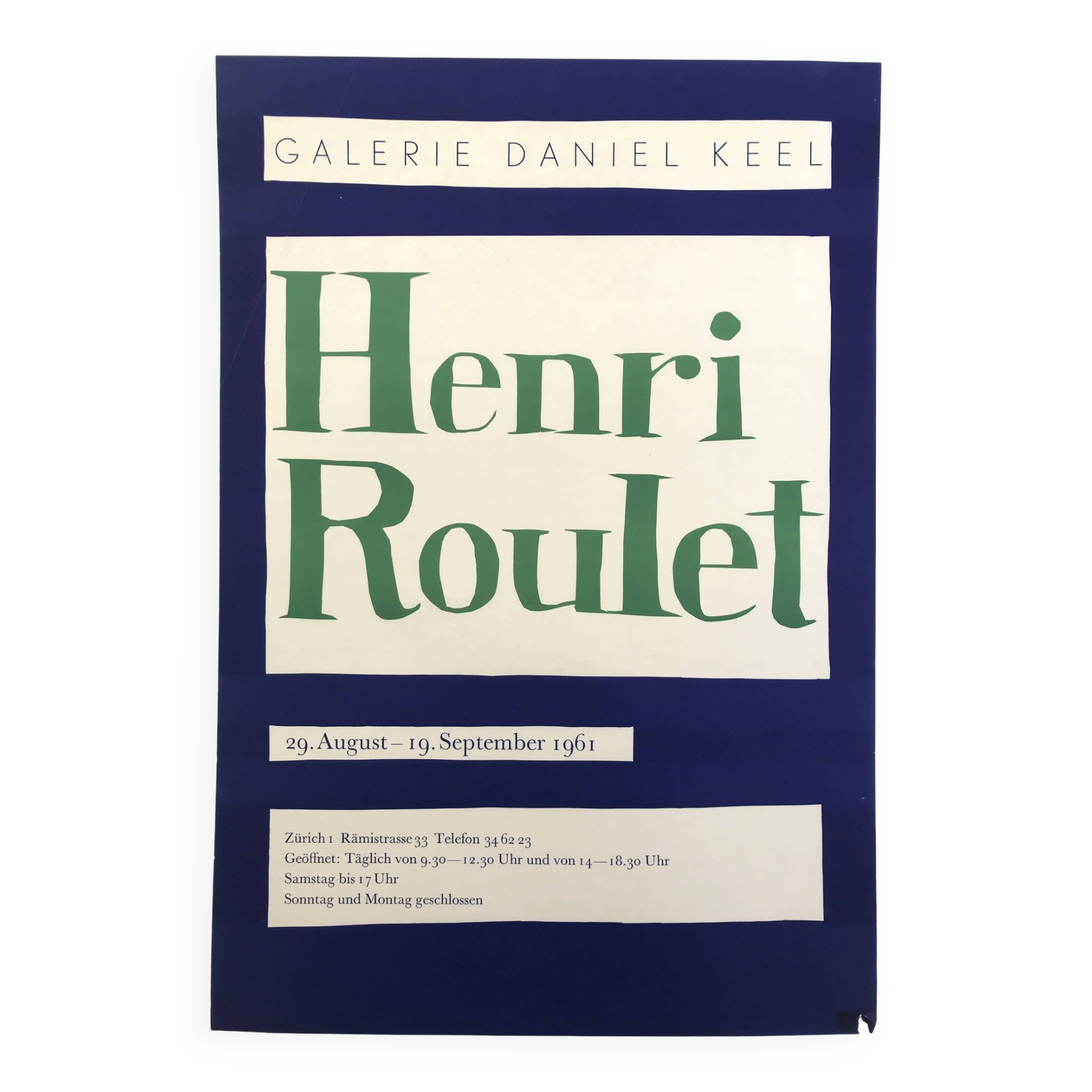 Henry roulet, galerie daniel keel, 1961. original exhibition poster in zürich.