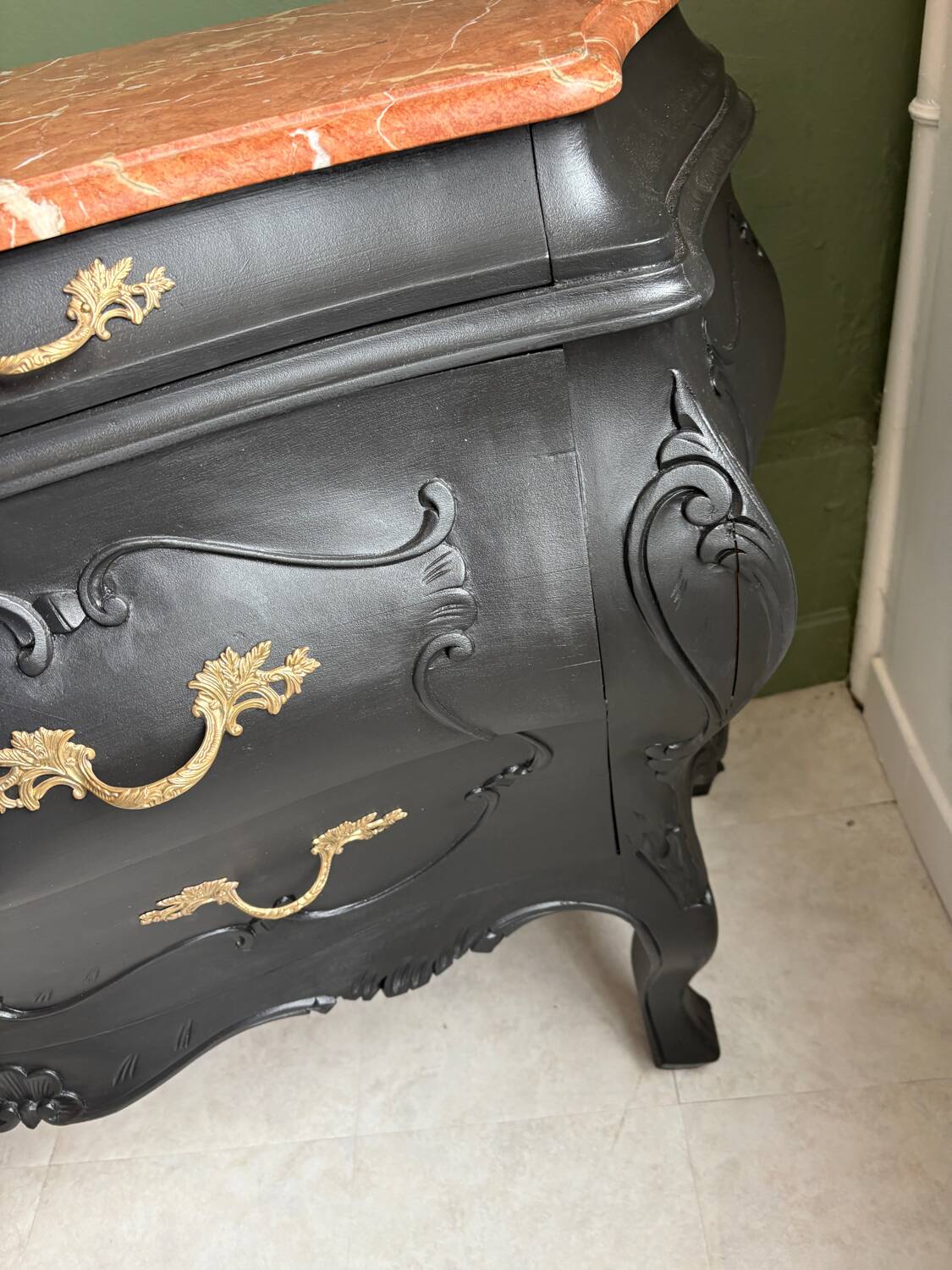 Restored black Louis XV chest of drawers