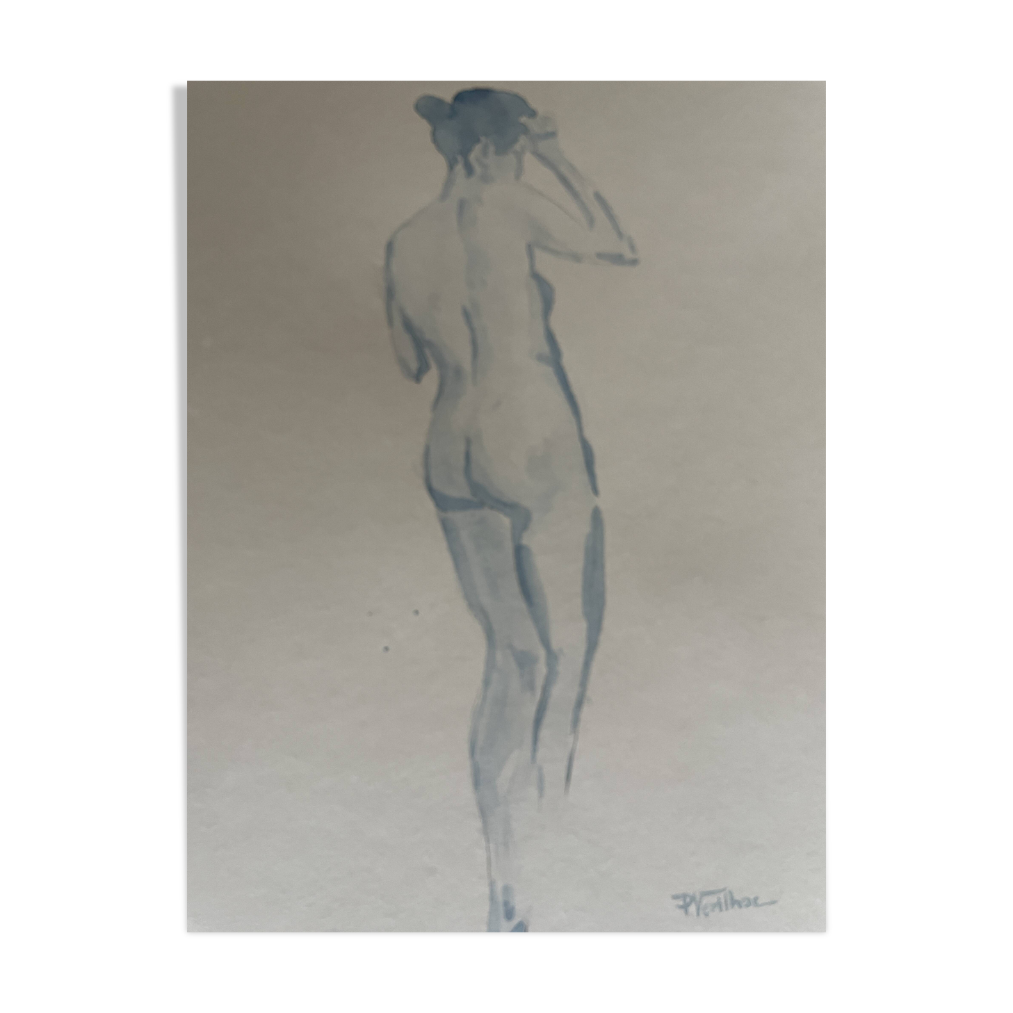 Blue watercolor painting signed female nude