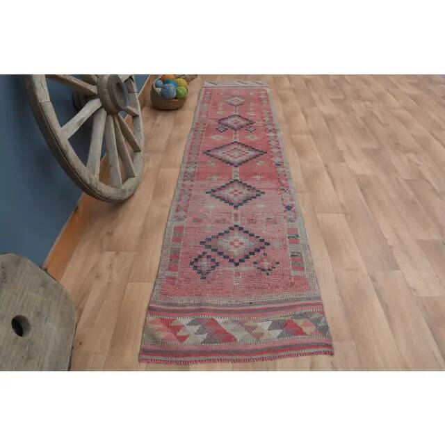 1970s Vintage Turkish Handmade Wool & Cotton Pink Runner Rug 75x318