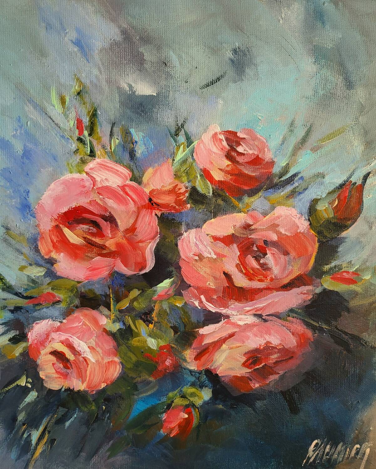 Oil on canvas painting of a bouquet of roses signed Paumier.