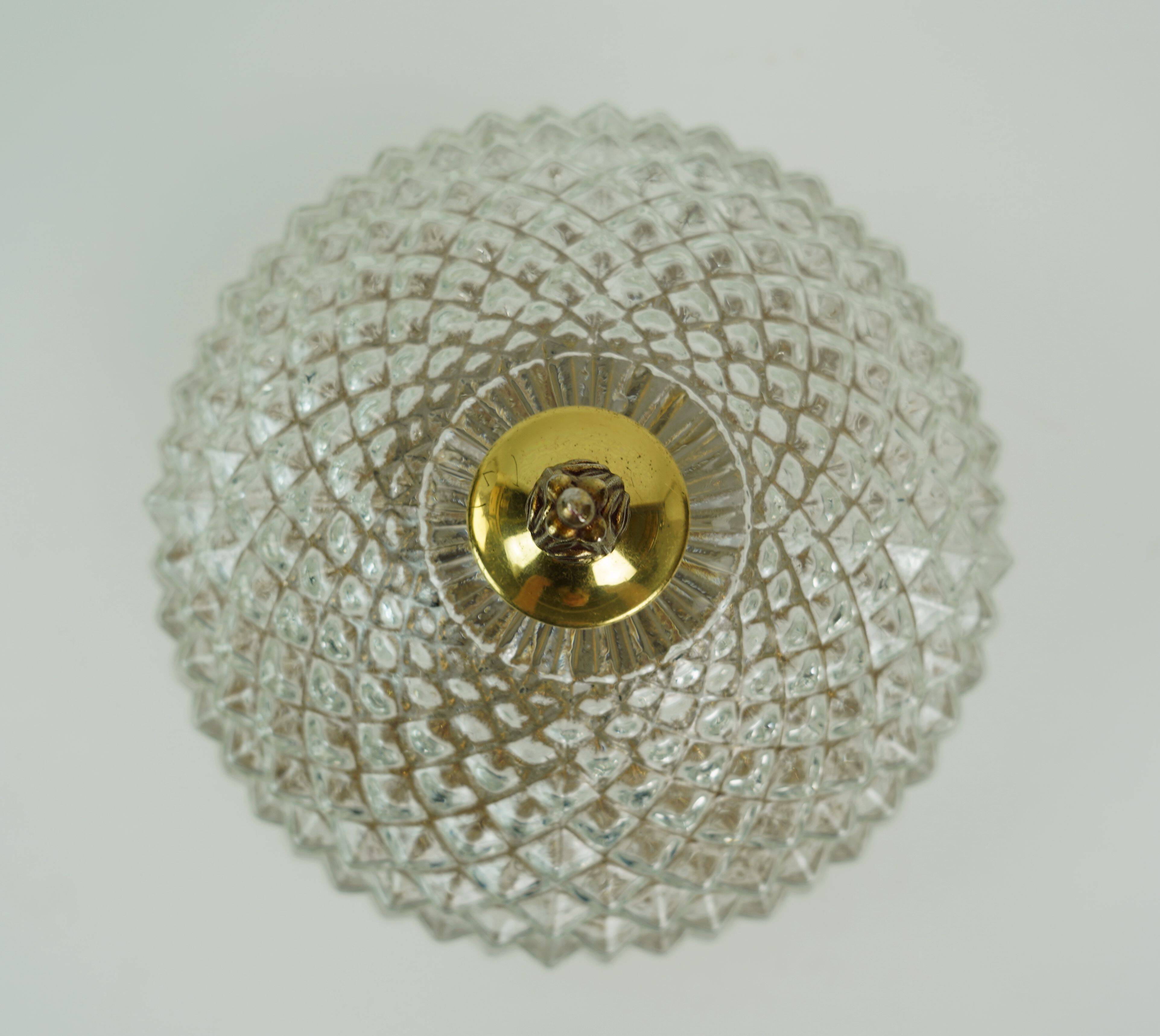 Midcentury ceiling light massive belgium textured glass gold-plated alu 70s