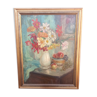 LARGE PAINTING OIL ON CANVAS BOUQUET OF FLOWERS SIGN/PAUL. DANGMANN (1899-1974)