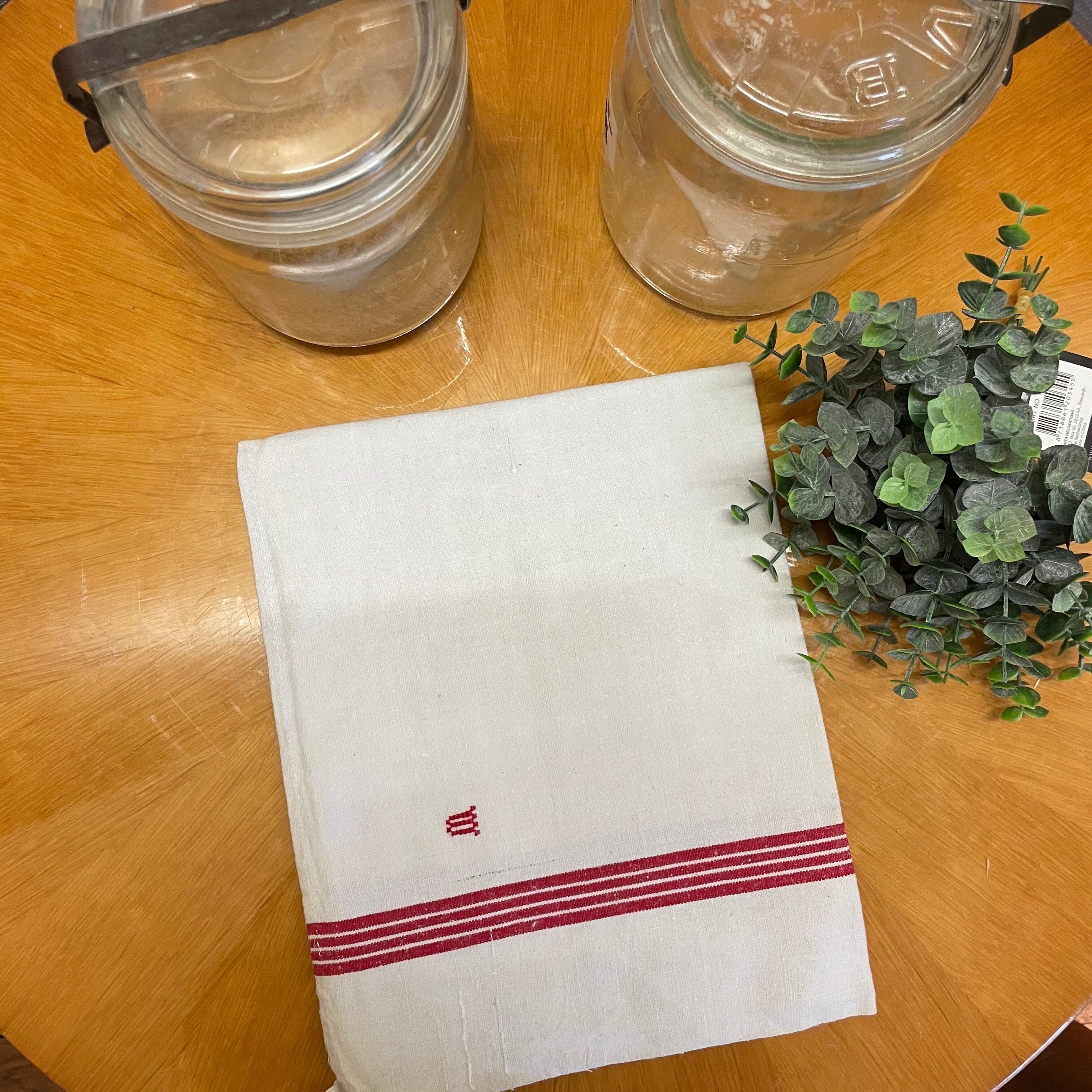 Lot of two old tea towels in mestizo red stripes monograms