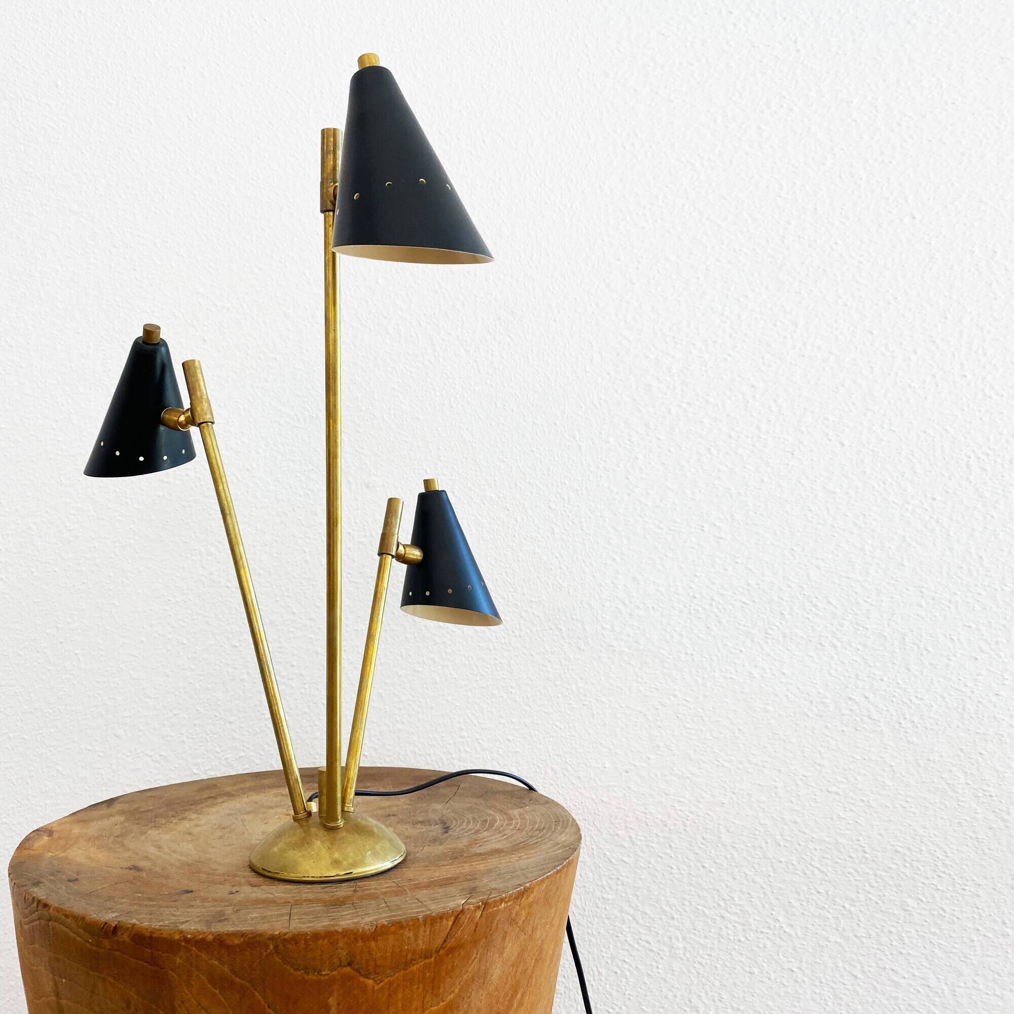 Italian lamp with three brass heads, 1950s design.