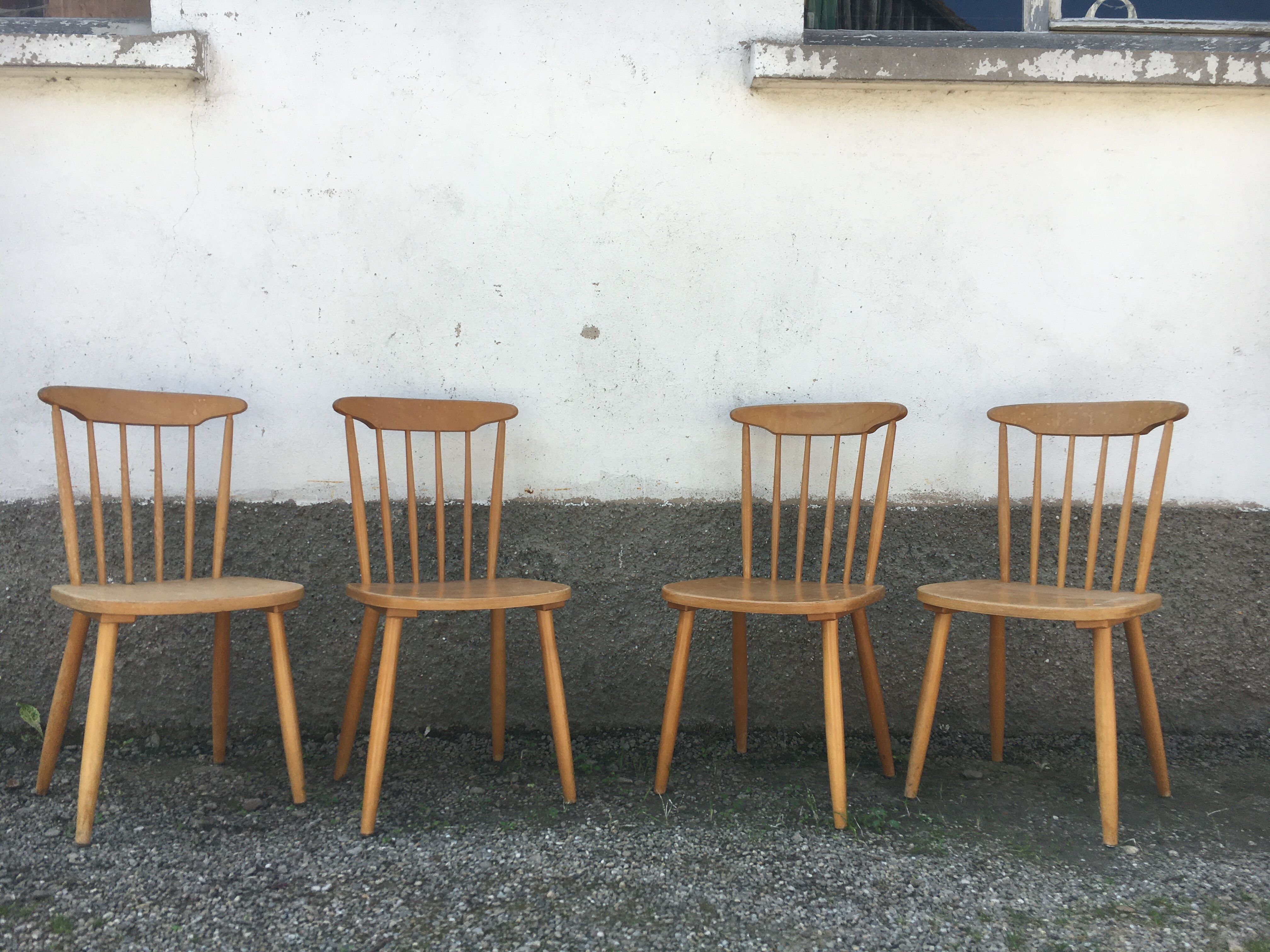 Series of 4 chairs bistro / bohemian beech - compass feet - vintage - Scandinavian 1950