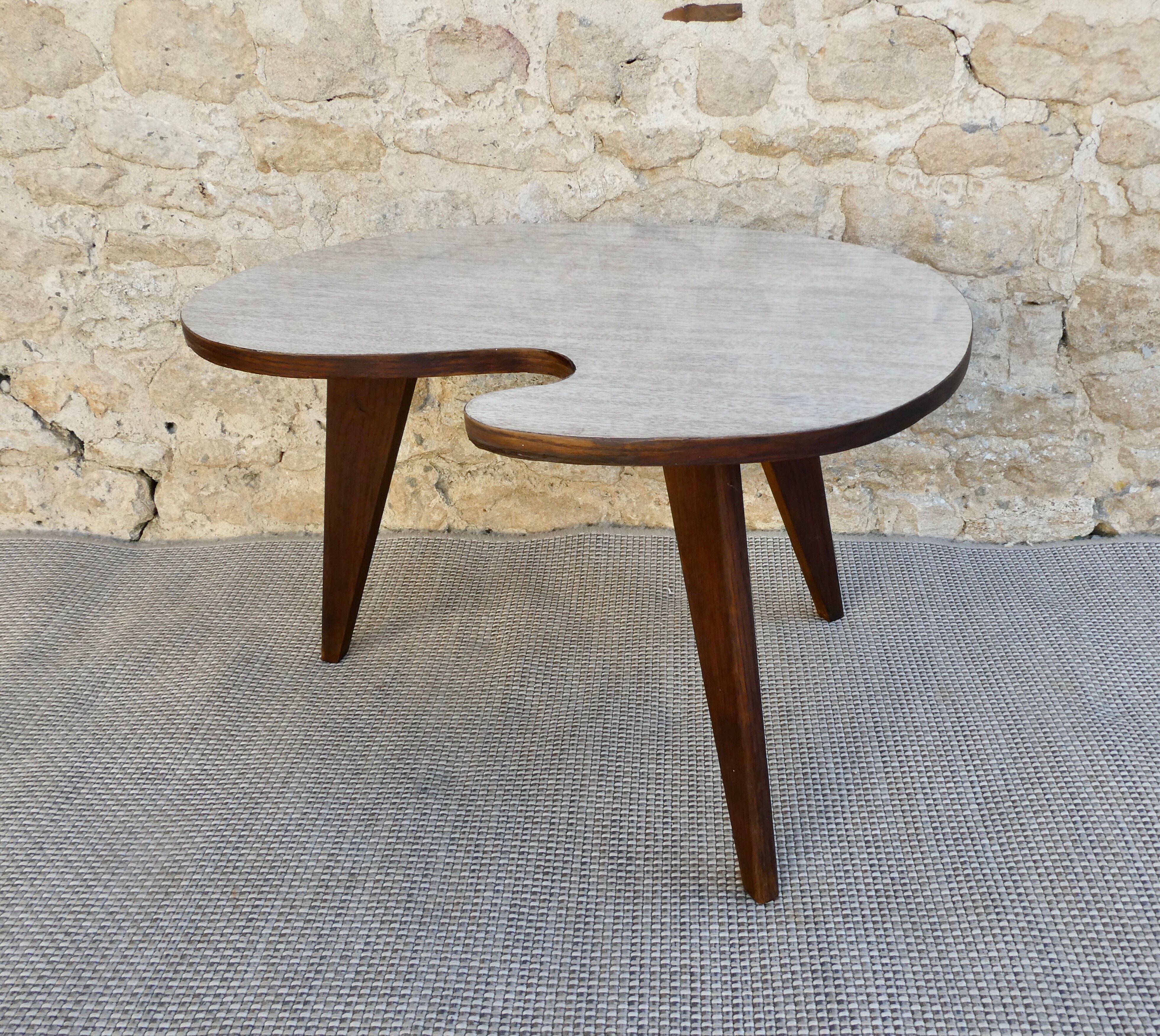 Tripod coffee table, free form, wooden and Formica, 60s