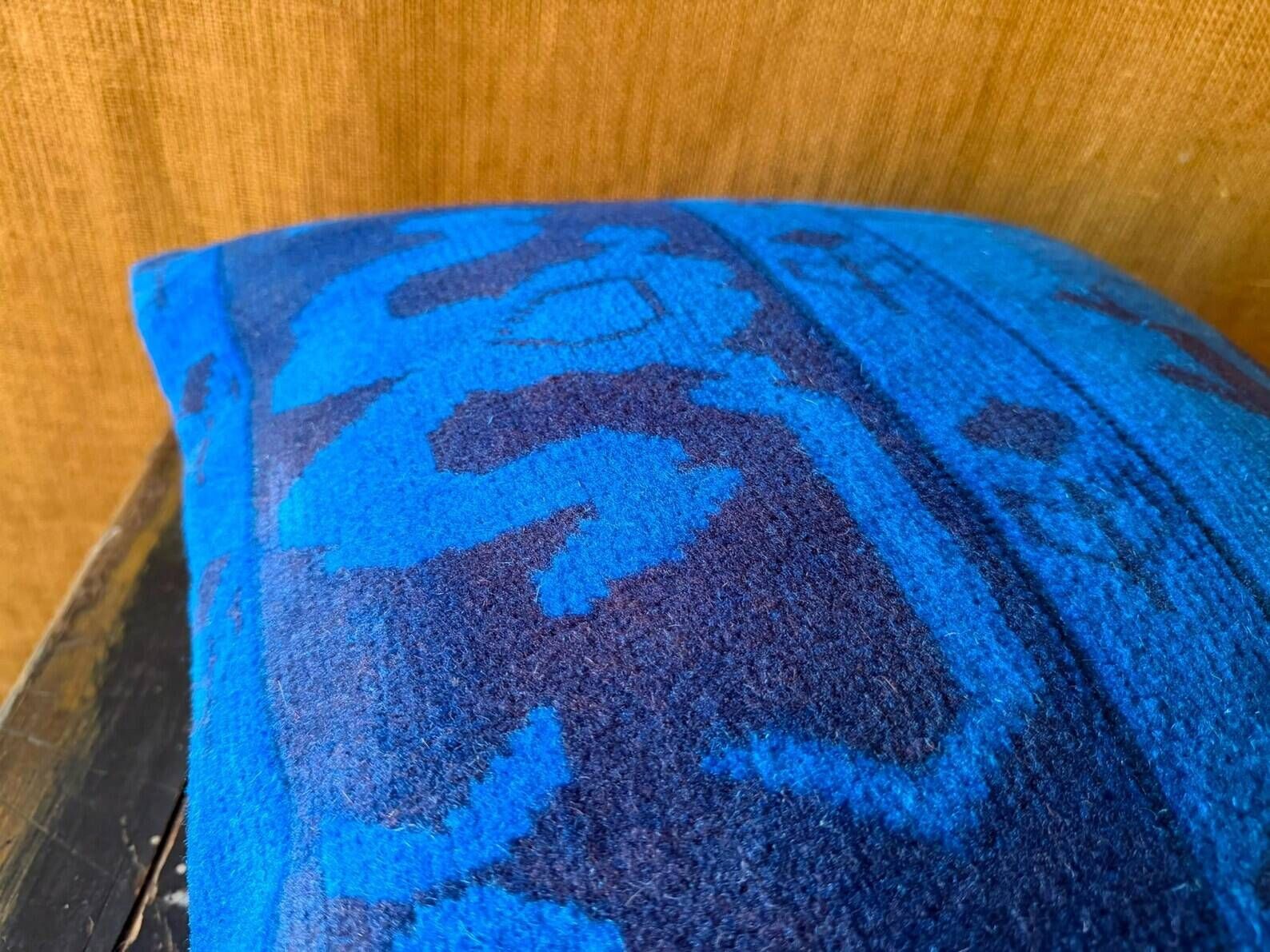 Vessel Motif Rug Cushion, Cobalt Navy Wool, Tribal Kilim Decor 20x20