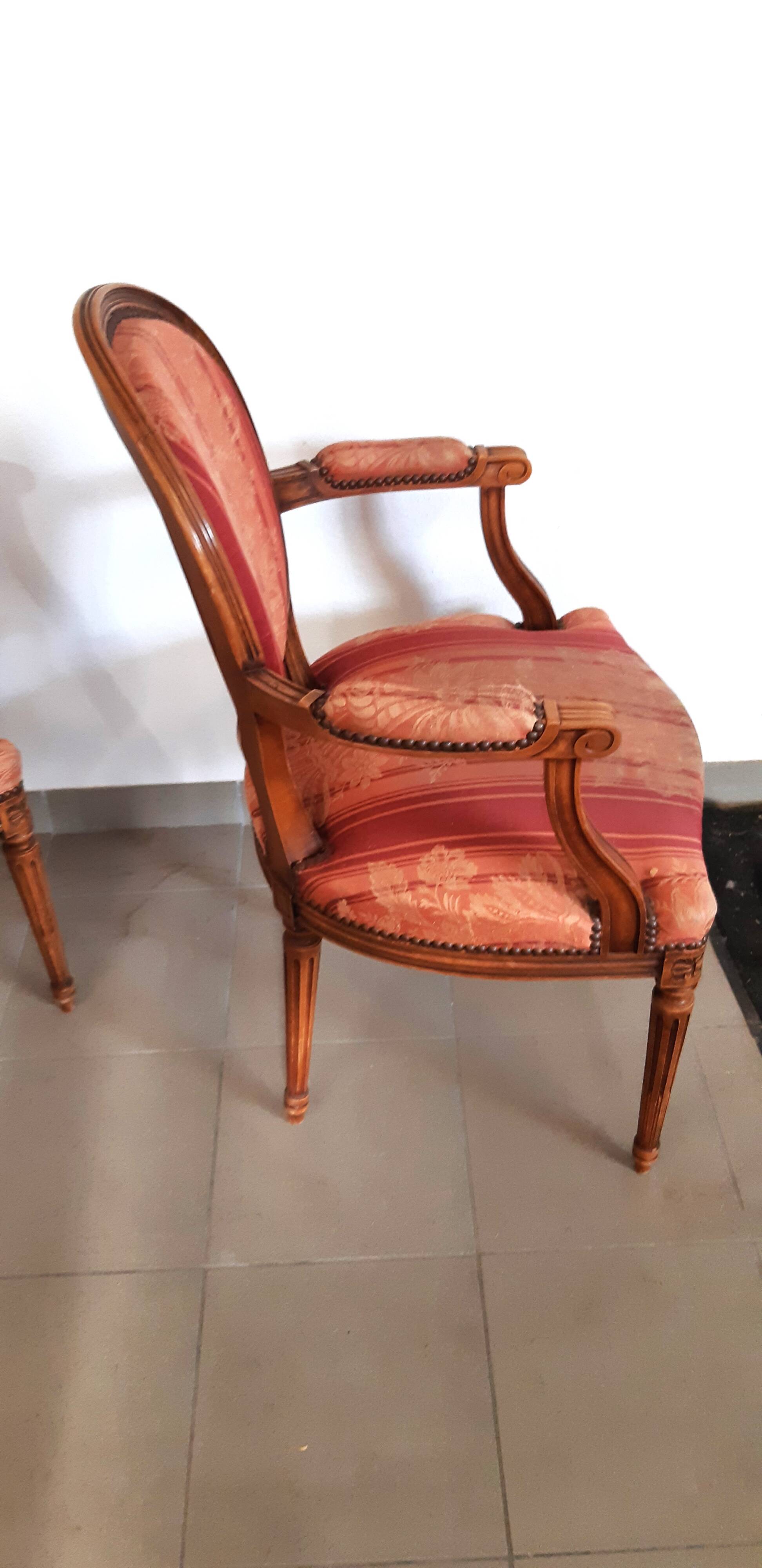 Pair of Louis XVI style cabriolet armchairs with medallion