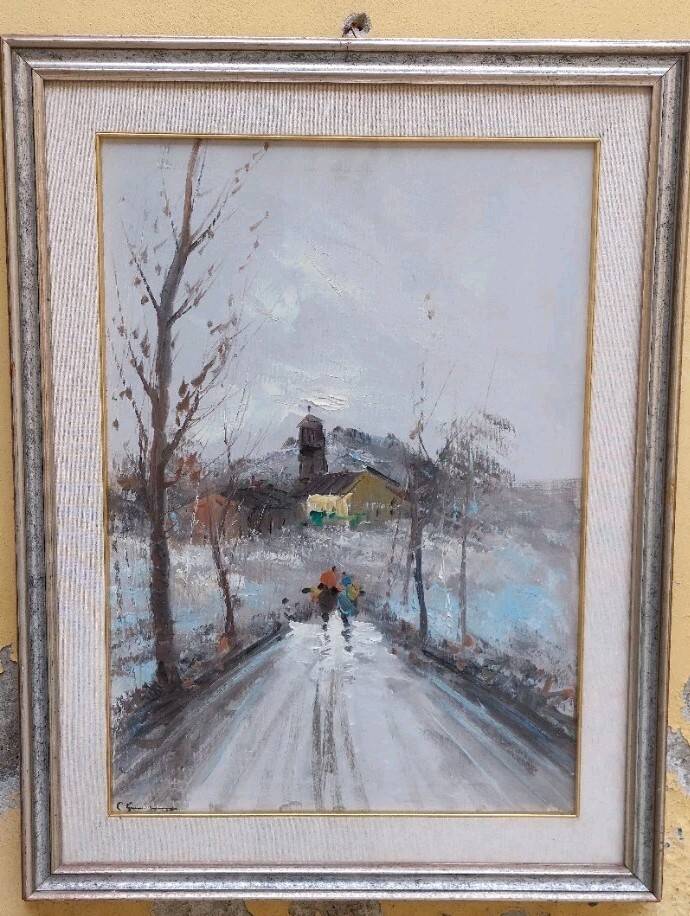 Oil painting on canvas, scene with figures, 50x70 cm, 1960s-70s, signed