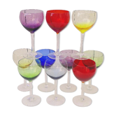 Lot ten vintage colored wine glasses