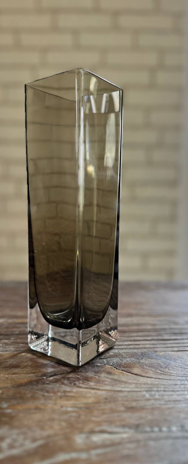 Rectangular smoked glass vase design in retro vintage Murano spirit