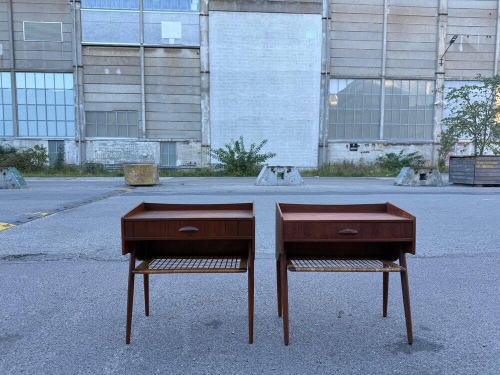 Modernist Danish teak bedside tables with rattan shelves, set of 2