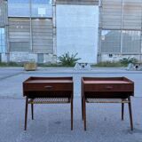 Modernist Danish teak bedside tables with rattan shelves, set of 2