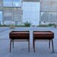 Modernist Danish teak bedside tables with rattan shelves, set of 2