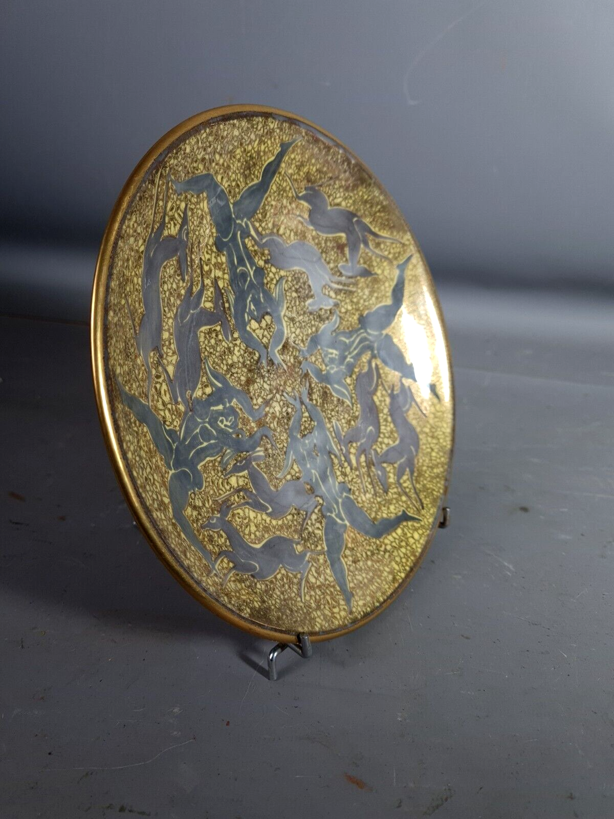 Jean Mayodon glazed ceramic cut decoration women and deer Signed SB