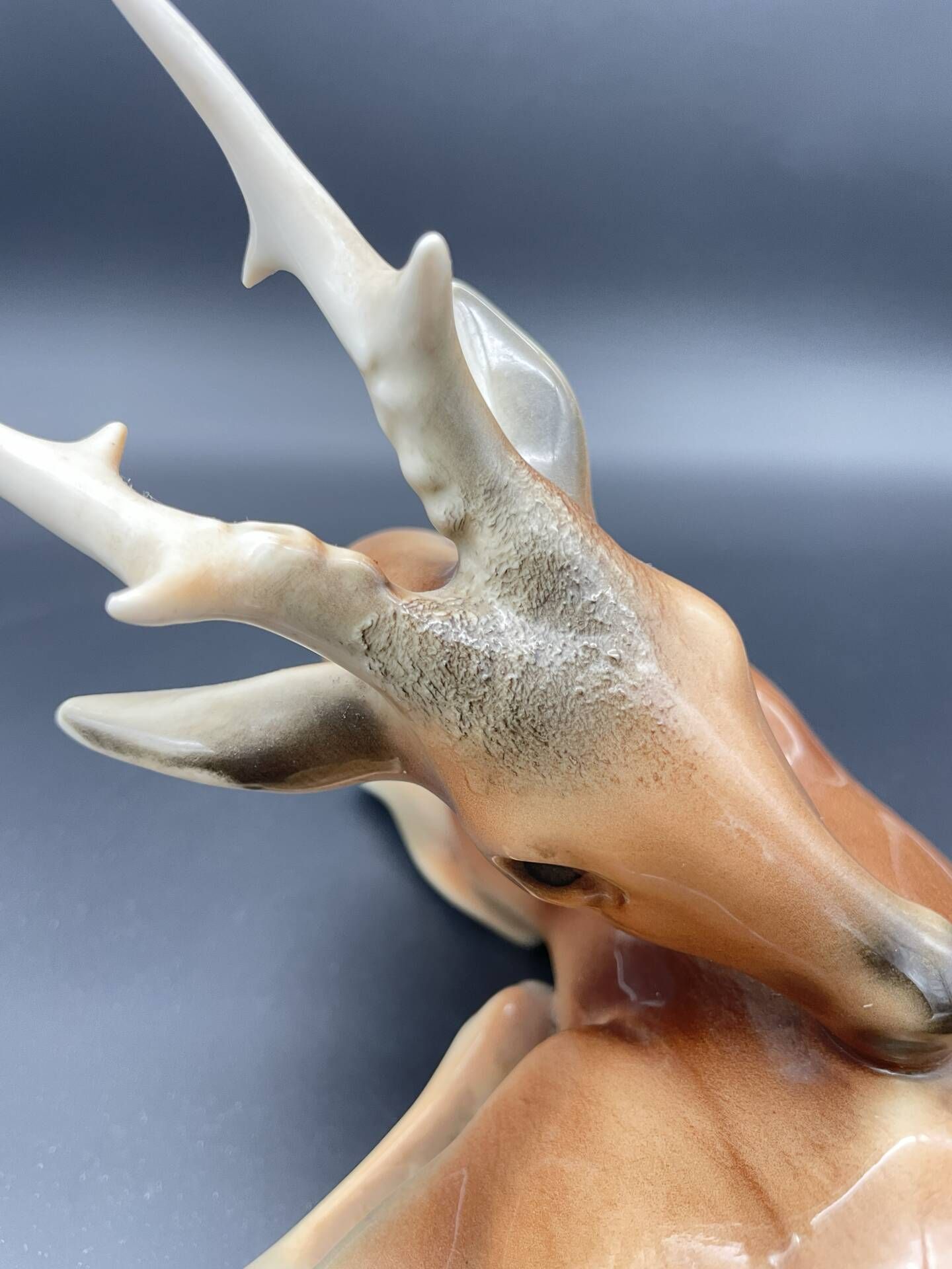Royal Dux porcelain lying deer – Vintage Bohemian sculpture, mod