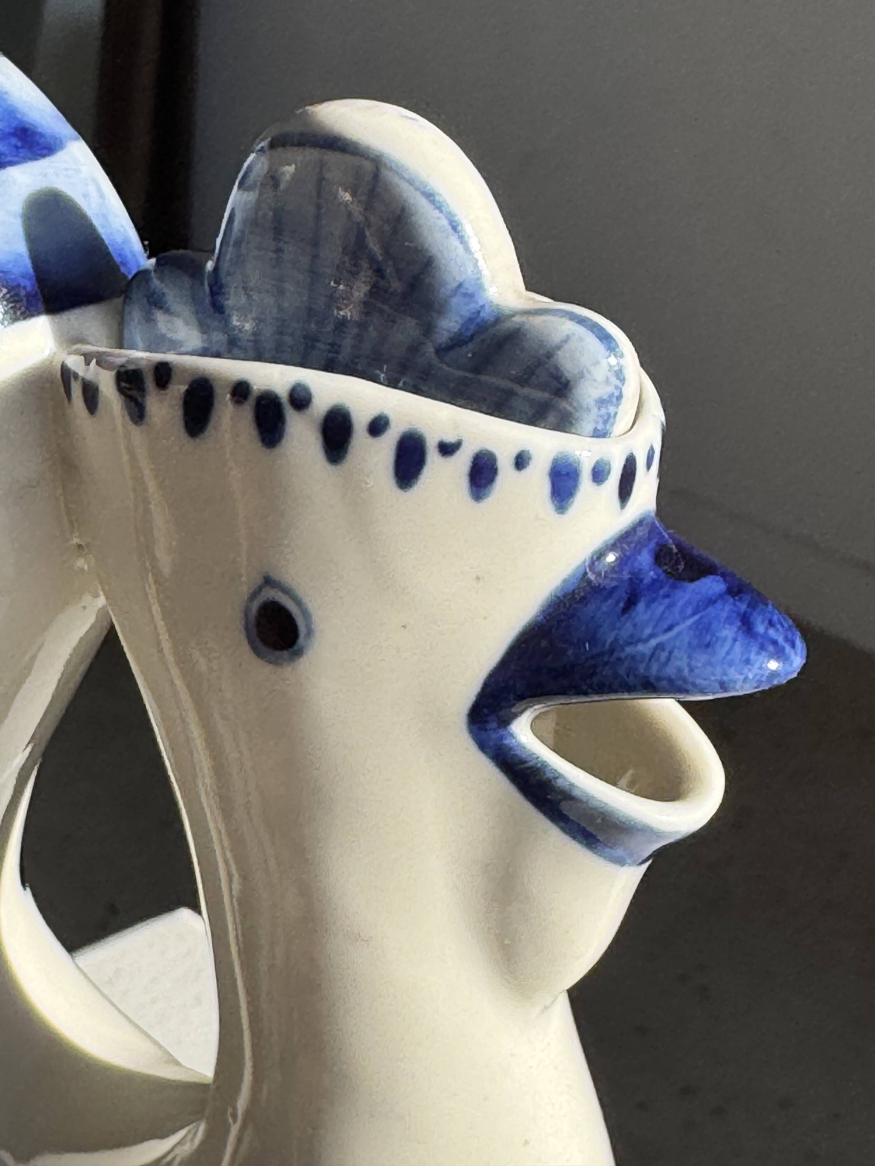 Vintage white ceramic carafe with blue Gjel-style decoration, USSR.