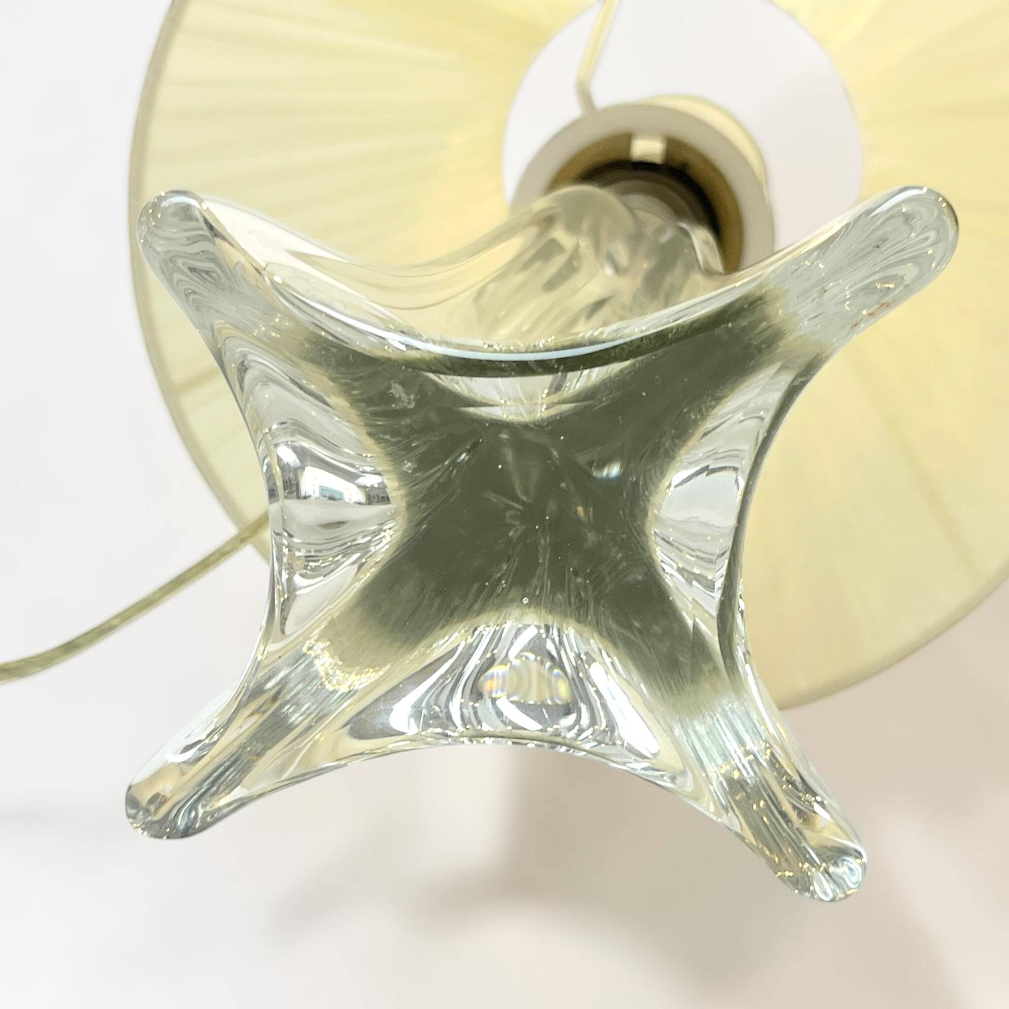 vintage crystal lamp base from the 1960s with a white ribbon shade