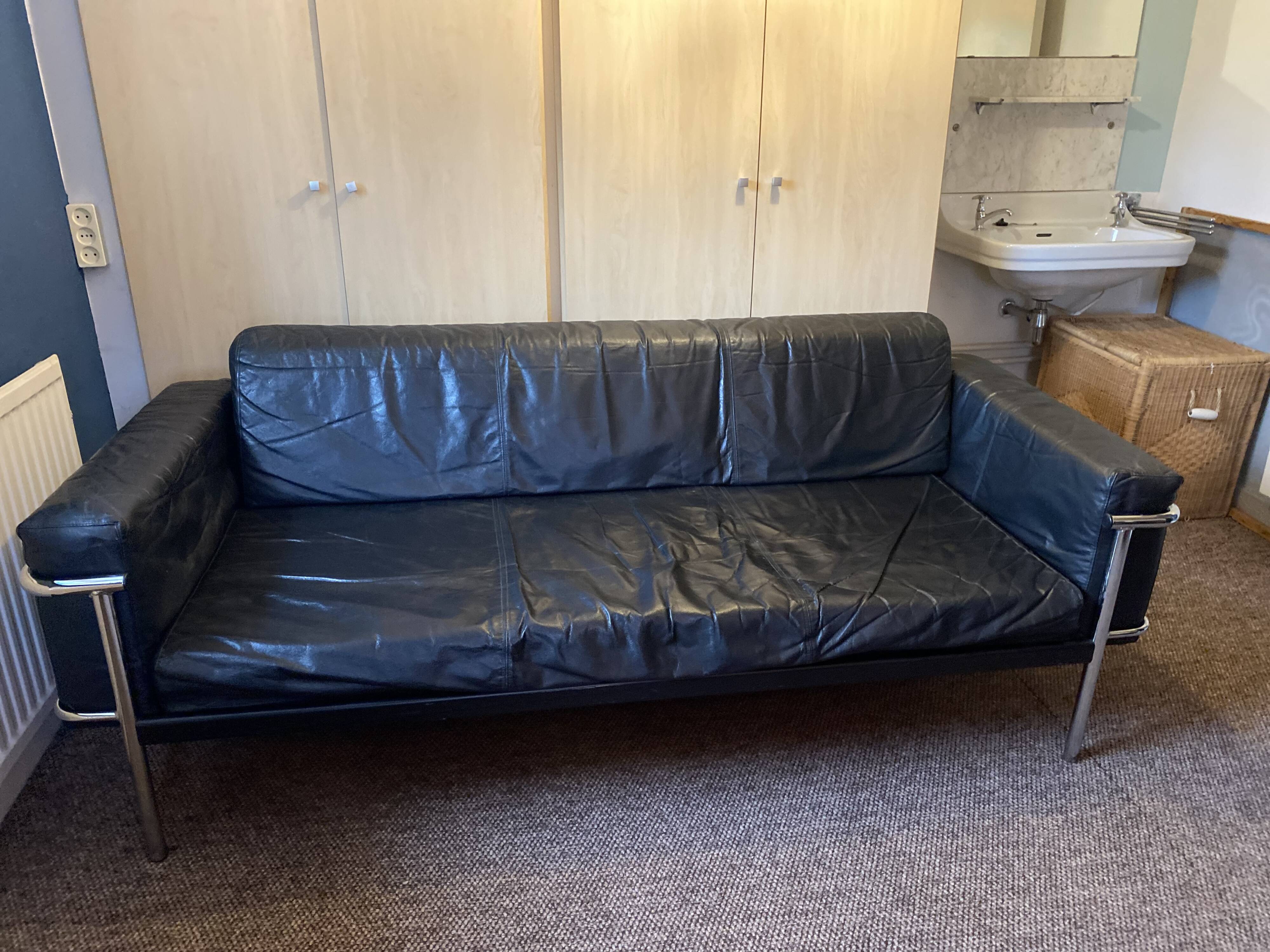 Vintage Black Leather and Chrome Sofa