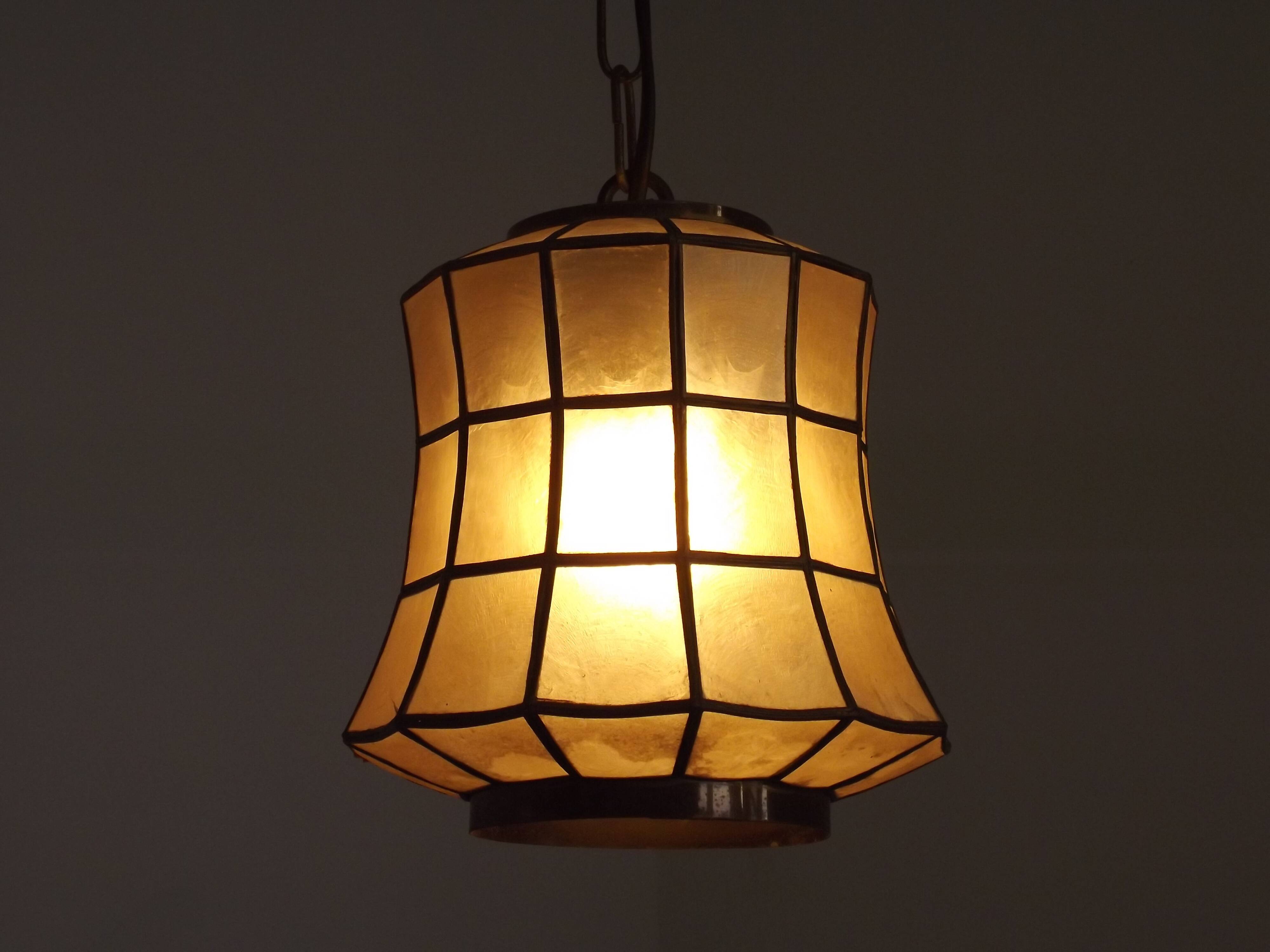 French Vintage Capiz Shell Hanging Pendant Light in Brass Metal and Copper