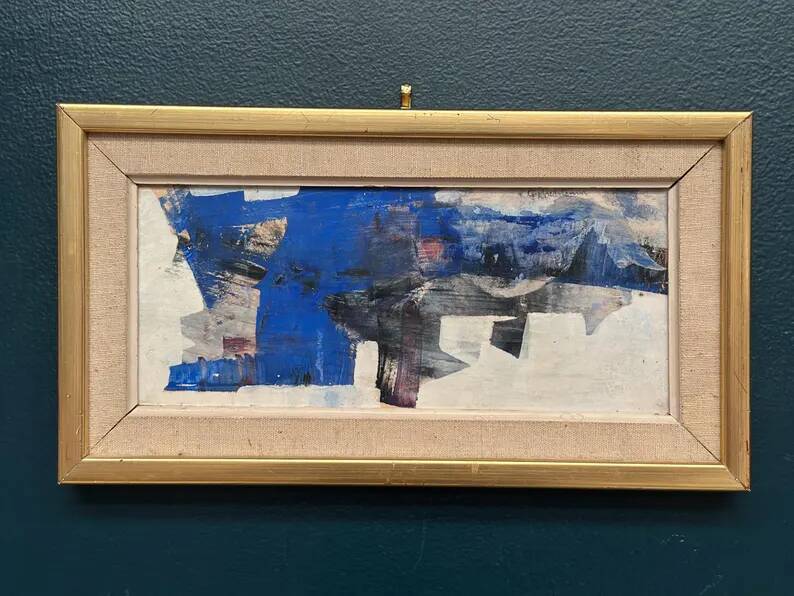 Original Swedish Oil on Panel – "Blue Composition" by Gunnar Nordström – Signed – Vintage and Framed – 24.5 × 18.5 cm (9.6 in × 7.3 in)