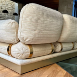 Vintage Thibier 3-seater sofa, beige fabric and brass, France 1978