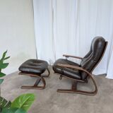 Vintage Panther Lounge Chair with Ottoman / Brown Leather Recliner Armchair