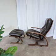 Vintage Panther Lounge Chair with Ottoman / Brown Leather Recliner Armchair