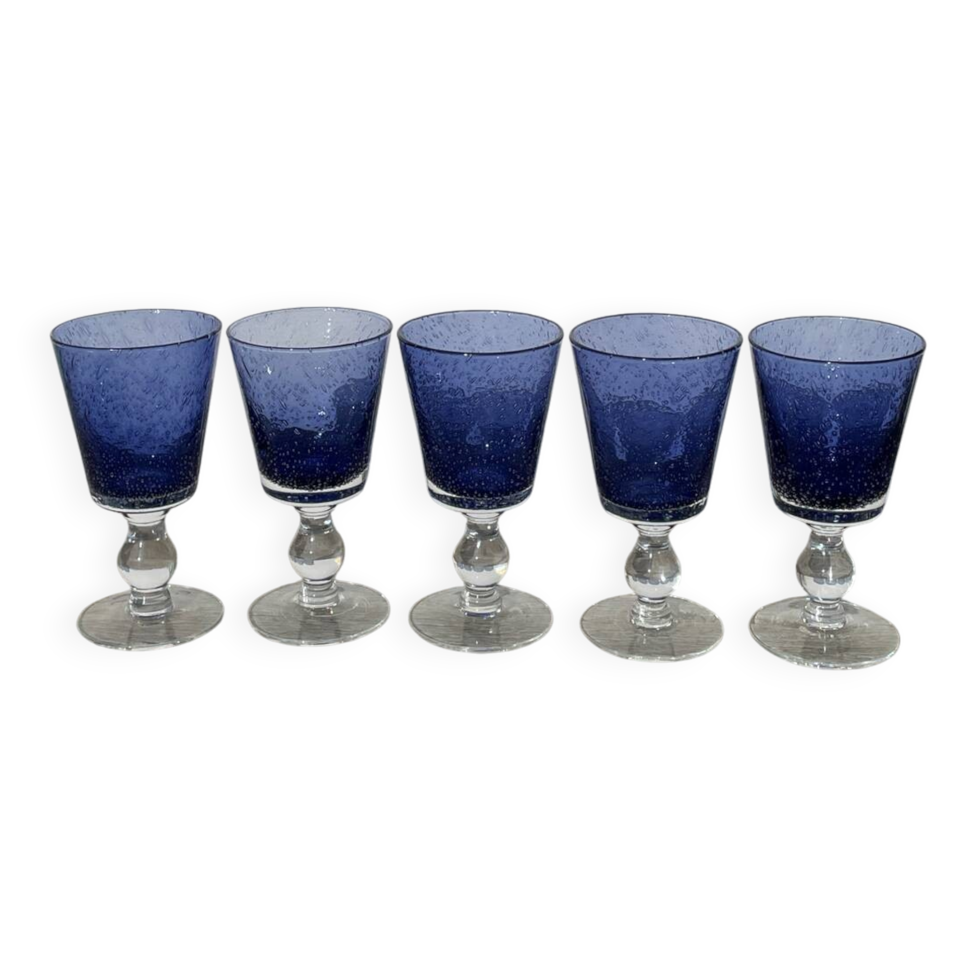 Set of 5 blue bubble stemmed glasses