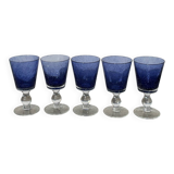 Set of 5 blue bubble stemmed glasses