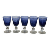 Set of 5 blue bubble stemmed glasses