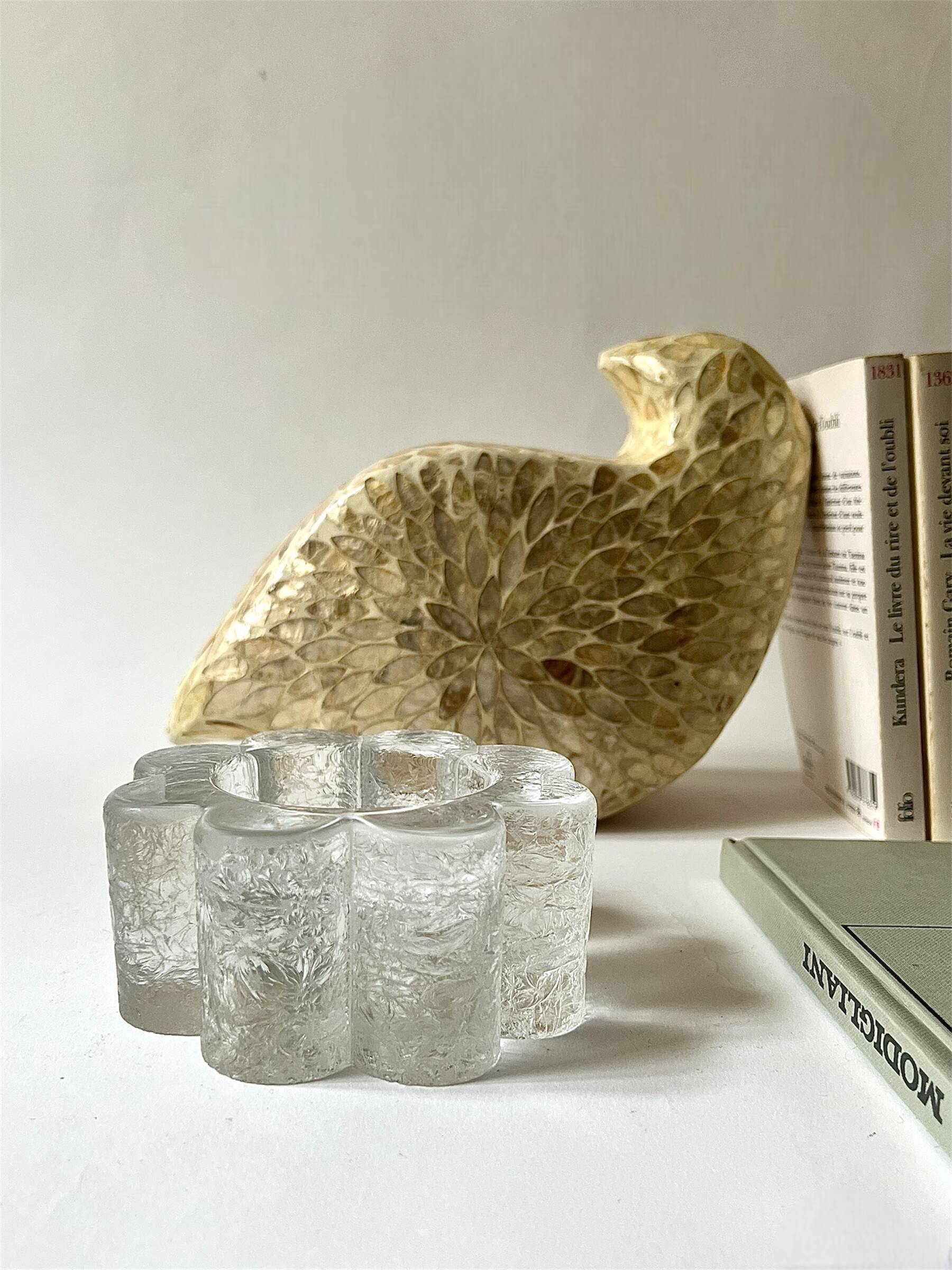 Stylized frosted glass candlestick in the shape of a flower, 1970s design