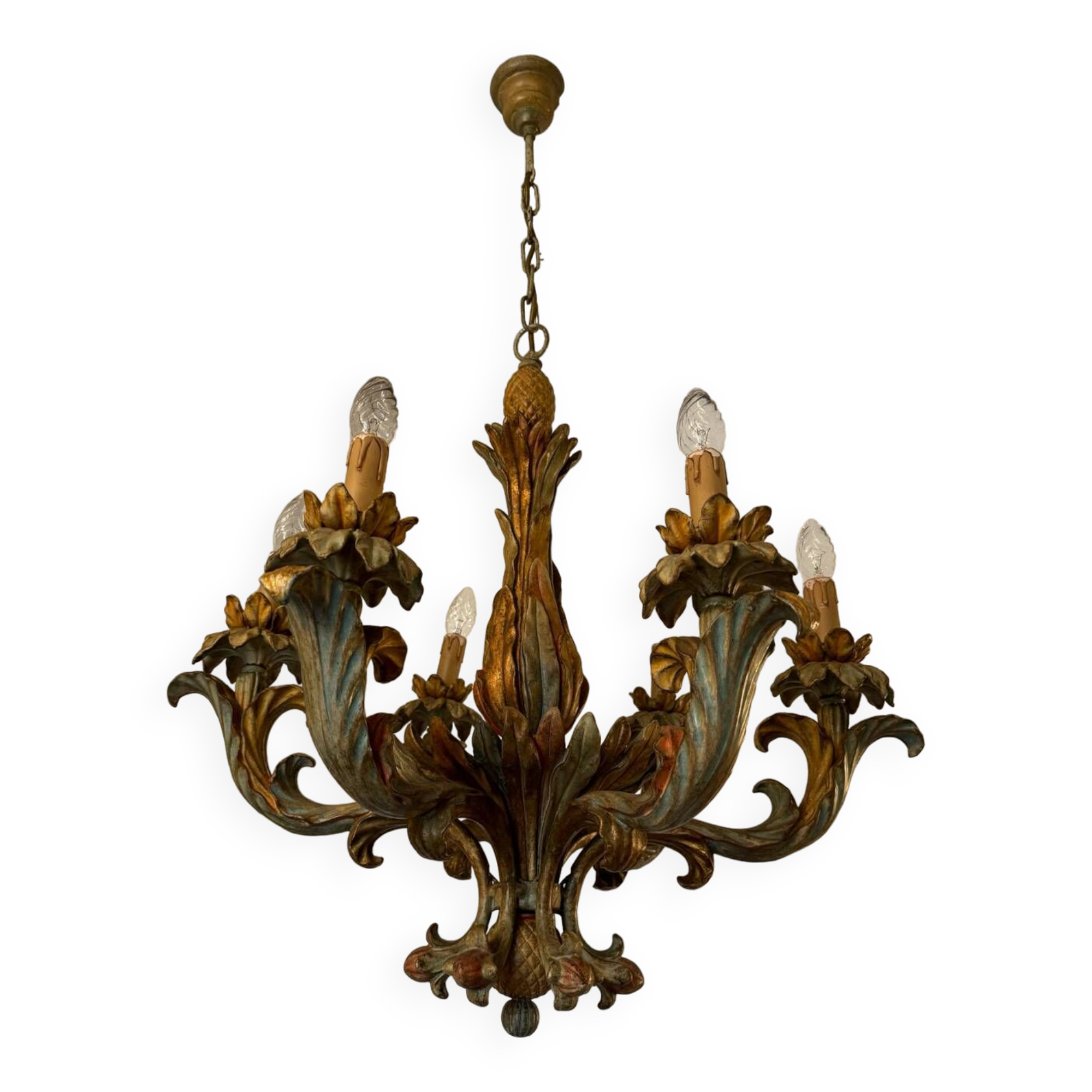 70s Hollywood Regency style chandelier in carved wood