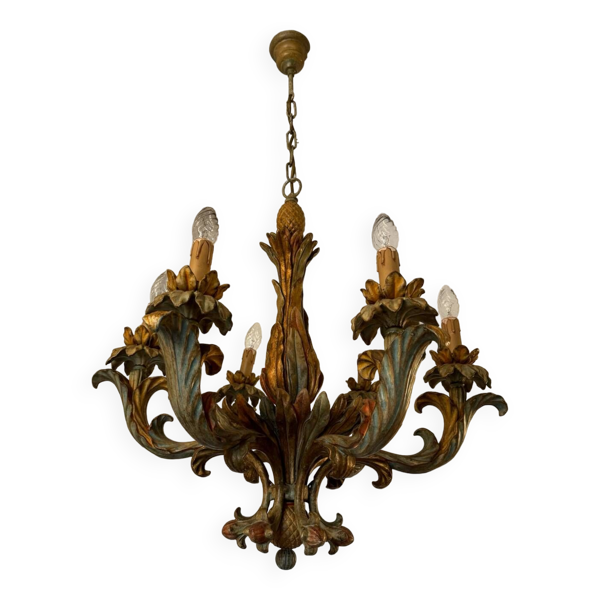 Lustre style Hollywood Regency années 70 bois sculpté