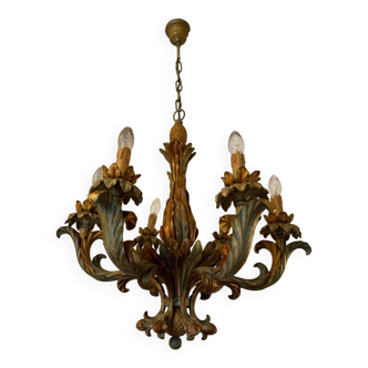 70s Hollywood Regency style chandelier in carved wood