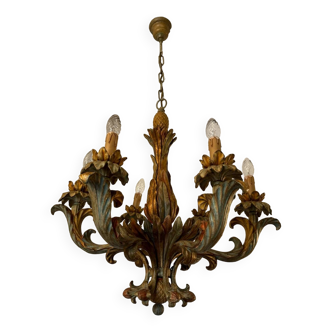 Hollywood Regency style chandelier 70s carved wood