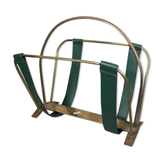 Magazine holder in golden brass and green leather