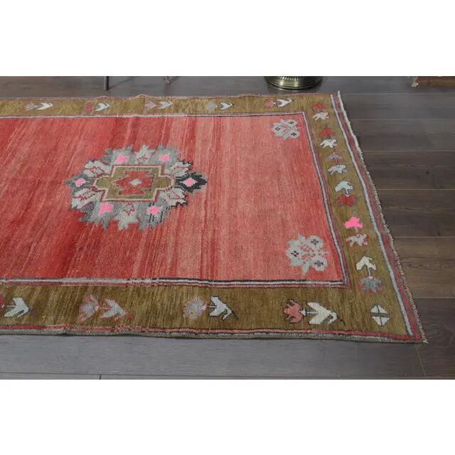 Handmade Turkish Vintage Oushak Runner Rug Pink Green Runner 105x327